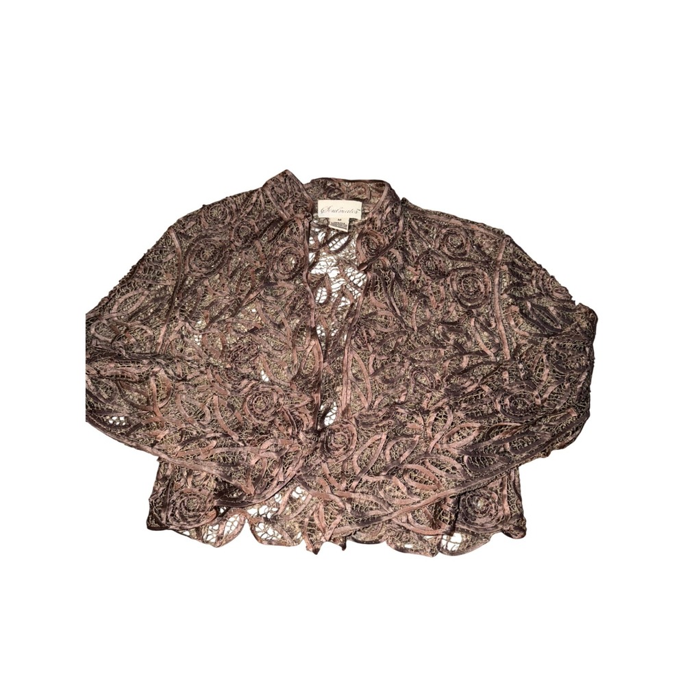Soulmates Silk Ribbon Lace Bolero Jacket Brown Handcrafted Beaded Shrug Womens M